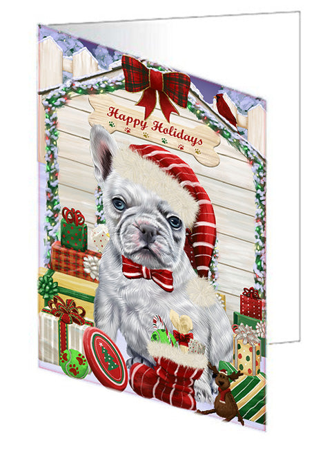 Happy Holidays Christmas French Bulldog House with Presents Handmade Artwork Assorted Pets Greeting Cards and Note Cards with Envelopes for All Occasions and Holiday Seasons GCD58274