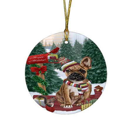 Merry Christmas Woodland Sled French Bulldog Round Flat Christmas Ornament RFPOR55286