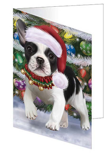 Trotting in the Snow French Bulldog Handmade Artwork Assorted Pets Greeting Cards and Note Cards with Envelopes for All Occasions and Holiday Seasons GCD70844