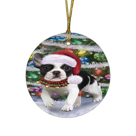 Trotting in the Snow French Bulldog Round Flat Christmas Ornament RFPOR55799