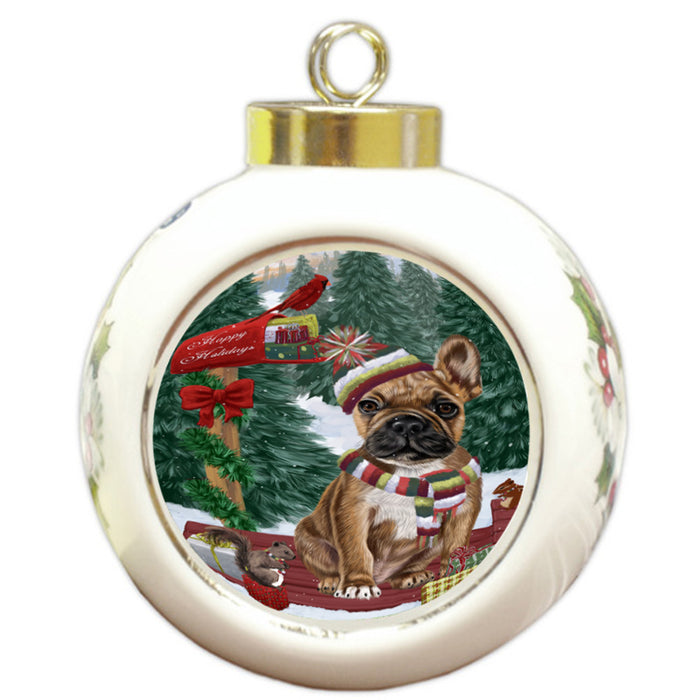 Merry Christmas Woodland Sled French Bulldog Round Ball Christmas Ornament RBPOR55286