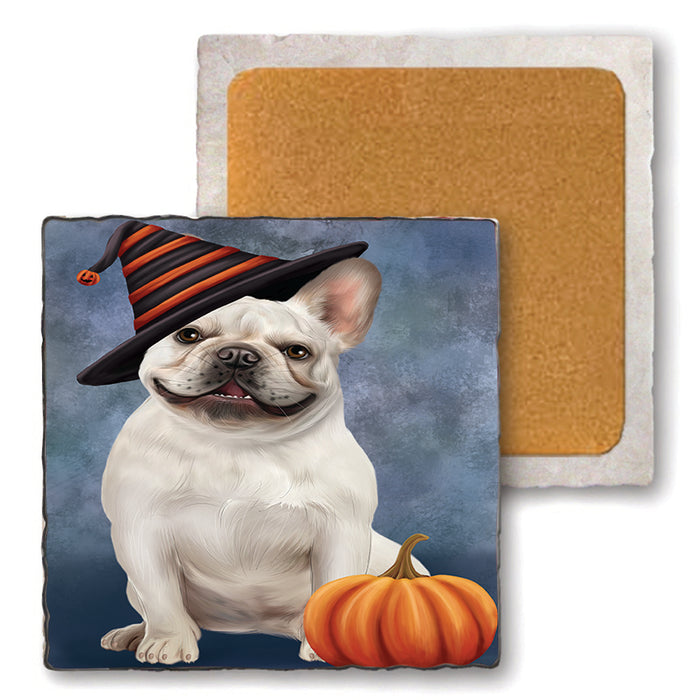 Happy Halloween French Bulldog Wearing Witch Hat with Pumpkin Set of 4 Natural Stone Marble Tile Coasters MCST49951