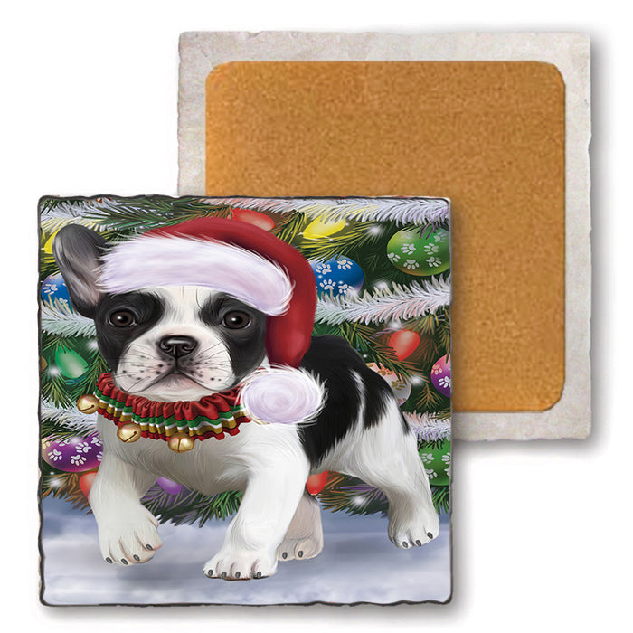 Trotting in the Snow French Bulldog Set of 4 Natural Stone Marble Tile Coasters MCST50443