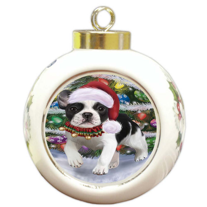 Trotting in the Snow French Bulldog Round Ball Christmas Ornament RBPOR55799
