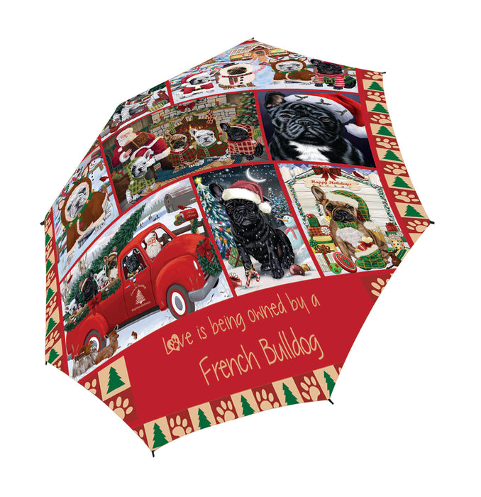 Love is Being Owned Christmas French Bulldogs Semi-Automatic Foldable Umbrella