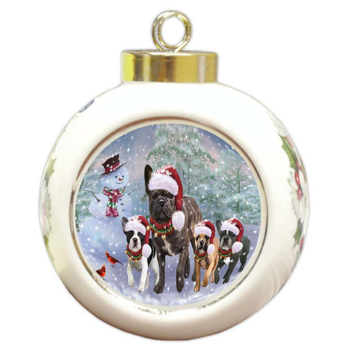 Christmas Running Family French Bulldogs Round Ball Christmas Ornament RBPOR55825