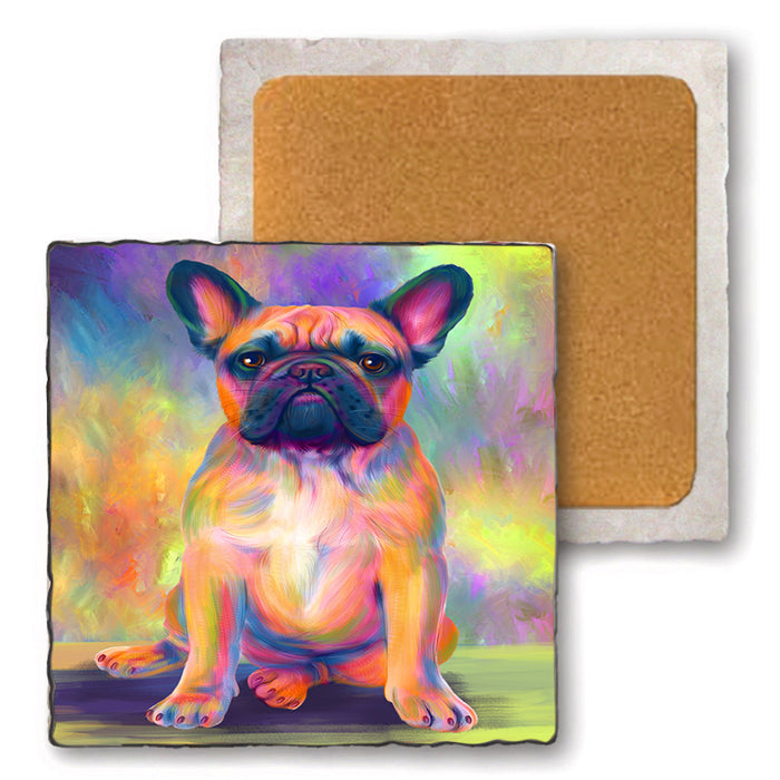 Paradise Wave French Bulldog Set of 4 Natural Stone Marble Tile Coasters MCST51069