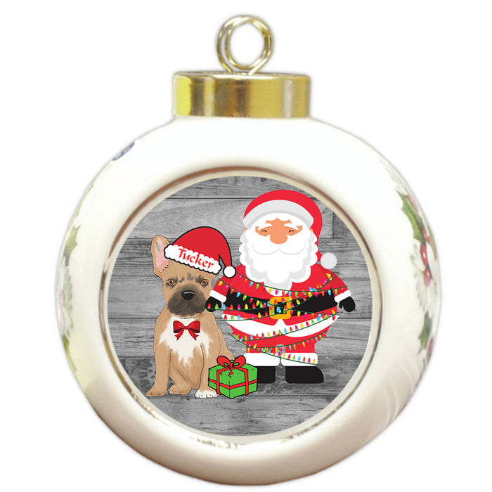 Custom Personalized French Bulldog With Santa Wrapped in Light Christmas Round Ball Ornament