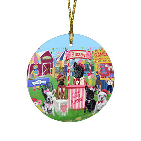 Carnival Kissing Booth French Bulldogs Round Flat Christmas Ornament RFPOR56189
