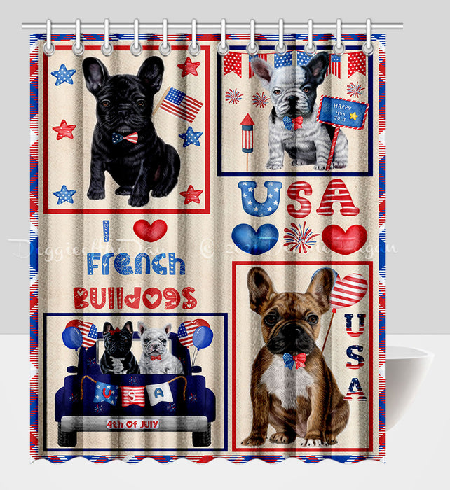 4th of July Independence Day I Love USA French Bulldogs Shower Curtain Pet Painting Bathtub Curtain Waterproof Polyester One-Side Printing Decor Bath Tub Curtain for Bathroom with Hooks