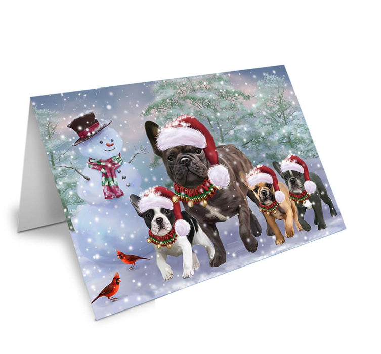 Christmas Running Family French Bulldogs Handmade Artwork Assorted Pets Greeting Cards and Note Cards with Envelopes for All Occasions and Holiday Seasons GCD70922
