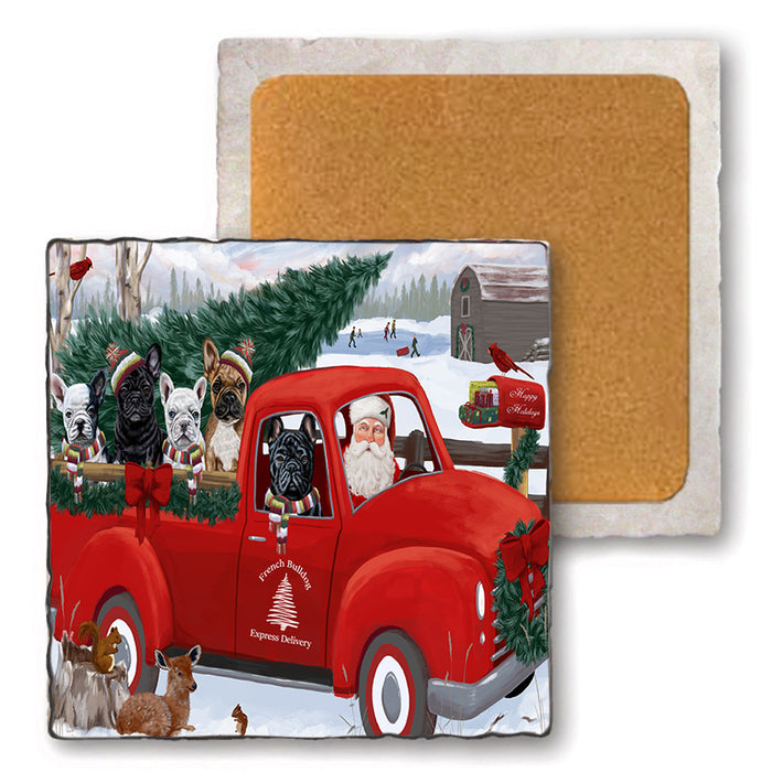 Christmas Santa Express Delivery French Bulldogs Family Set of 4 Natural Stone Marble Tile Coasters MCST50035
