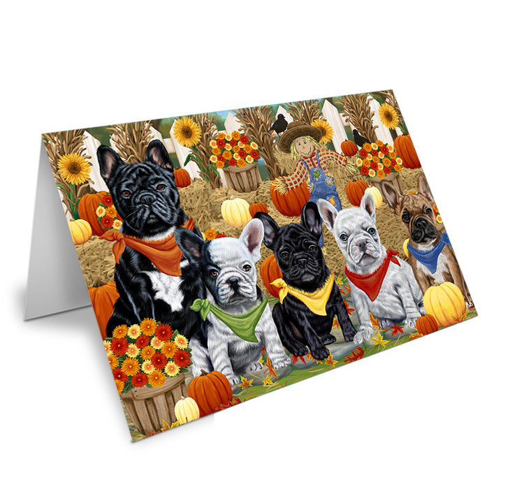 Fall Festive Gathering French Bulldogs with Pumpkins Handmade Artwork Assorted Pets Greeting Cards and Note Cards with Envelopes for All Occasions and Holiday Seasons GCD55958