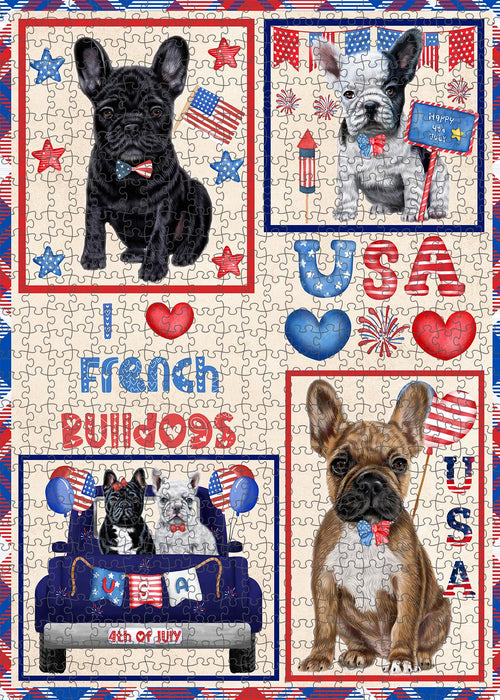 4th of July Independence Day I Love USA French Bulldogs Portrait Jigsaw Puzzle for Adults Animal Interlocking Puzzle Game Unique Gift for Dog Lover's with Metal Tin Box