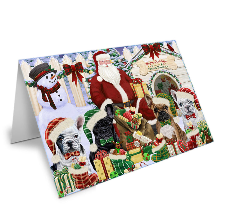 Happy Holidays Christmas French Bulldogs House Gathering Handmade Artwork Assorted Pets Greeting Cards and Note Cards with Envelopes for All Occasions and Holiday Seasons GCD58382