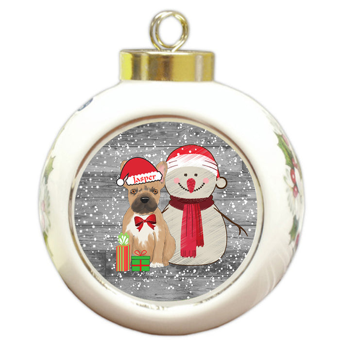 Custom Personalized Snowy Snowman and French Bulldog Christmas Round Ball Ornament
