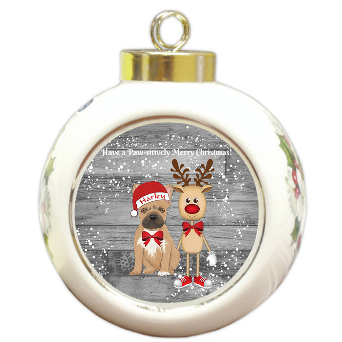 Custom Personalized French Bulldog Reindeer and Pooch Christmas Round Ball Ornament