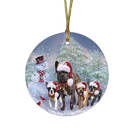 Christmas Running Family French Bulldogs Round Flat Christmas Ornament RFPOR55825