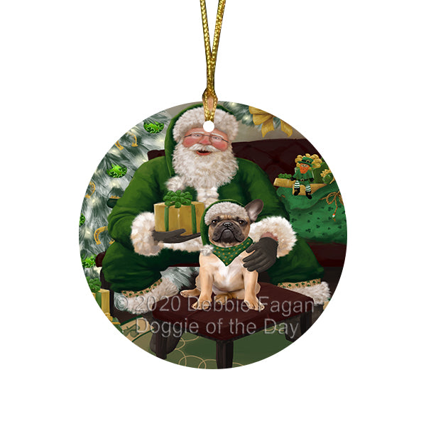 Christmas Irish Santa with Gift and French Bulldog Round Flat Christmas Ornament RFPOR57923