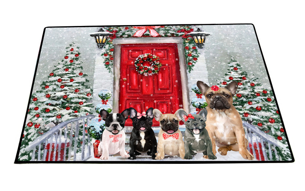 Christmas Holiday Welcome French Bulldogs Floor Mat- Anti-Slip Pet Door Mat Indoor Outdoor Front Rug Mats for Home Outside Entrance Pets Portrait Unique Rug Washable Premium Quality Mat