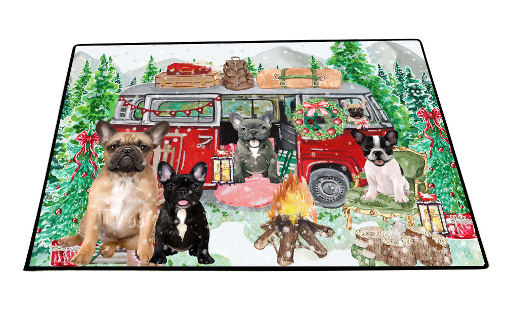 Christmas Time Camping with French Bulldogs Floor Mat- Anti-Slip Pet Door Mat Indoor Outdoor Front Rug Mats for Home Outside Entrance Pets Portrait Unique Rug Washable Premium Quality Mat