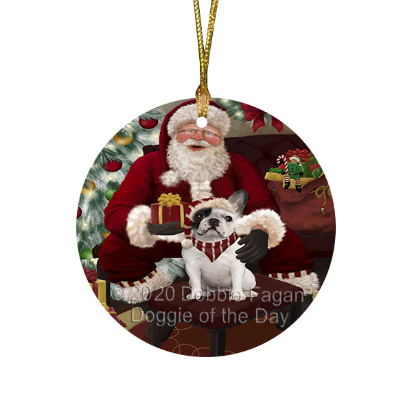 Santa's Christmas Surprise French Bulldog Round Flat Christmas Ornament RFPOR58022