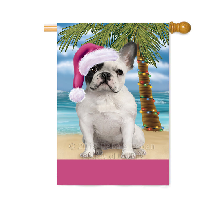 Personalized Summertime Happy Holidays Christmas French Bulldog on Tropical Island Beach Custom House Flag FLG-DOTD-A60531