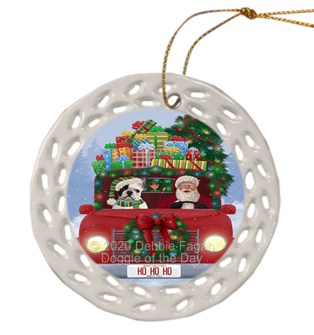 Christmas Honk Honk Red Truck with Santa and French Bulldog Doily Ornament DPOR59345
