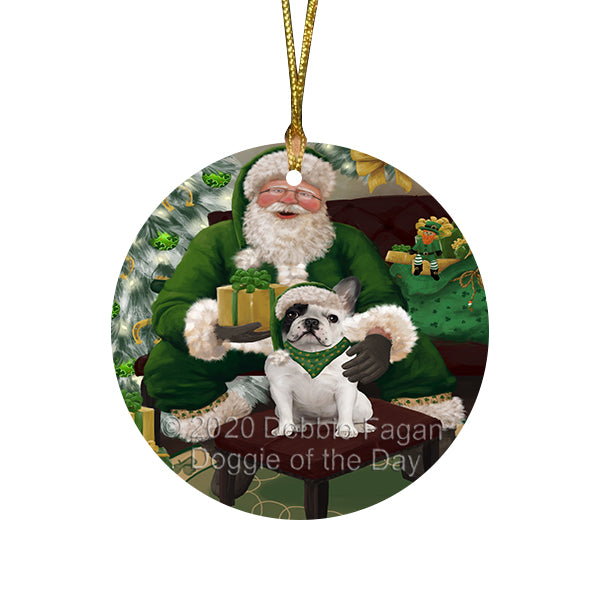Christmas Irish Santa with Gift and French Bulldog Round Flat Christmas Ornament RFPOR57924