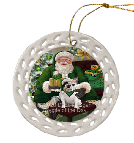 Christmas Irish Santa with Gift and French Bulldog Doily Ornament DPOR59486