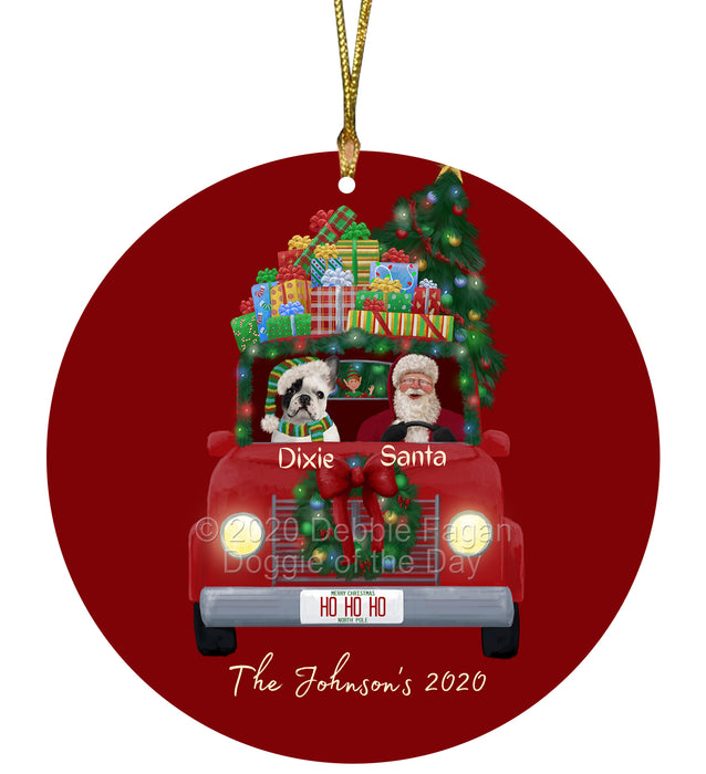 Personalized Christmas Honk Honk Red Truck Here Comes with Santa and French Bulldog Round Flat Ornament PRBPOR59074