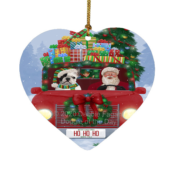 Christmas Honk Honk Red Truck Here Comes with Santa and French Bulldog Heart Christmas Ornament RFPOR58168