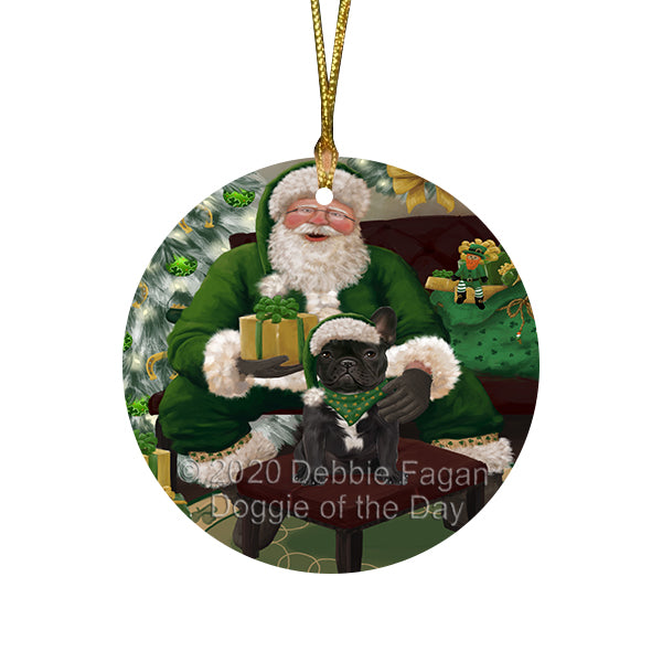 Christmas Irish Santa with Gift and French Bulldog Round Flat Christmas Ornament RFPOR57925