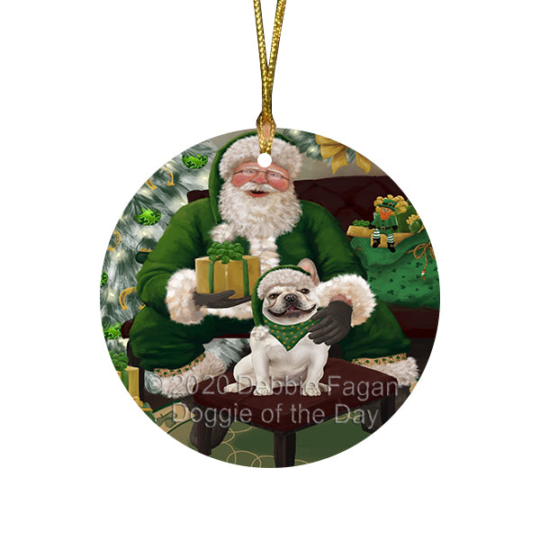 Christmas Irish Santa with Gift and French Bulldog Round Flat Christmas Ornament RFPOR57926