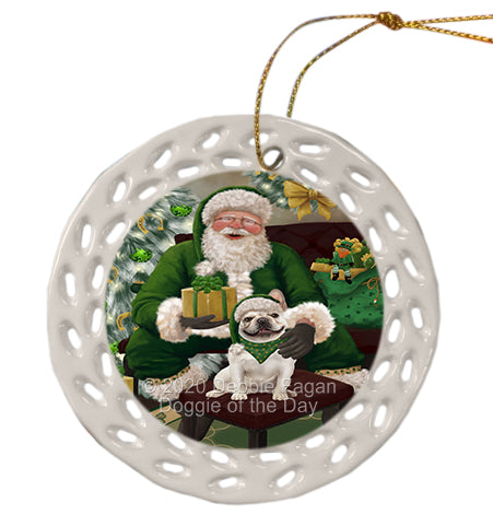 Christmas Irish Santa with Gift and French Bulldog Doily Ornament DPOR59488