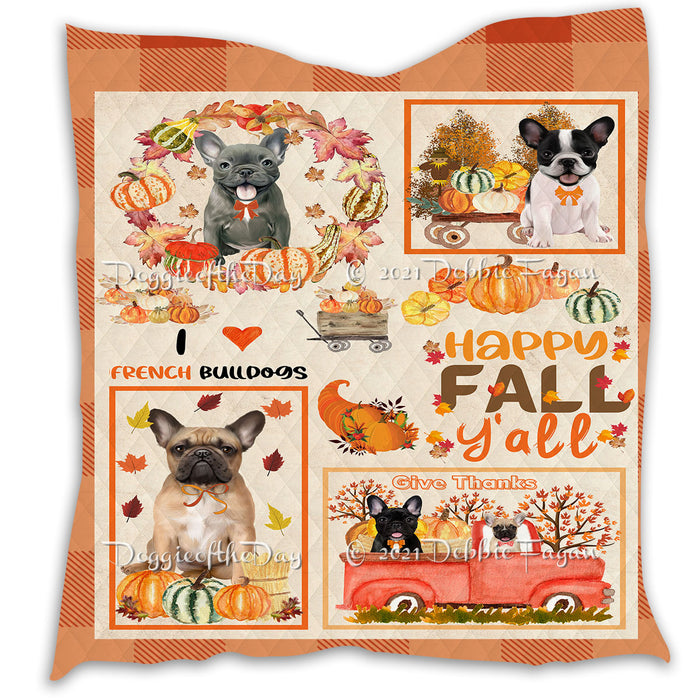 Happy Fall Y'all Pumpkin French Bulldogs Quilt Bed Coverlet Bedspread - Pets Comforter Unique One-side Animal Printing - Soft Lightweight Durable Washable Polyester Quilt