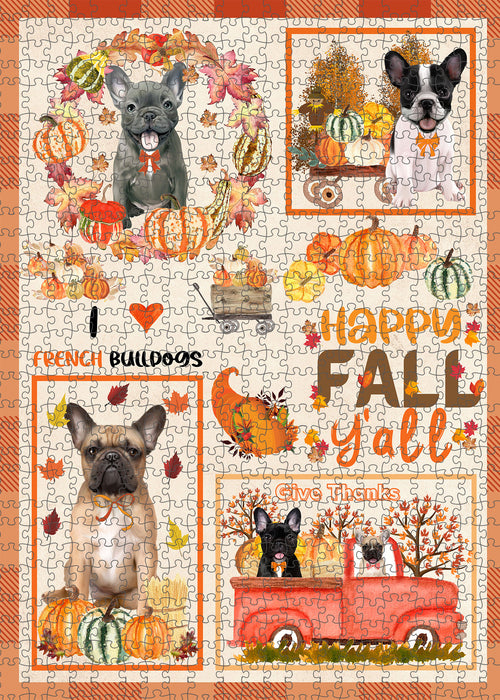 Happy Fall Y'all Pumpkin French Bulldogs Portrait Jigsaw Puzzle for Adults Animal Interlocking Puzzle Game Unique Gift for Dog Lover's with Metal Tin Box