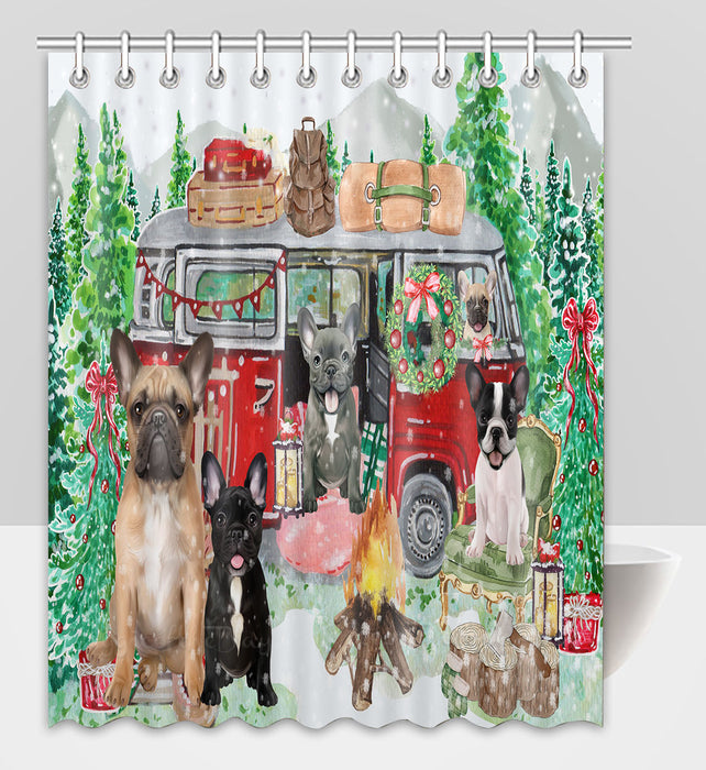 Christmas Time Camping with French Bulldogs Shower Curtain Pet Painting Bathtub Curtain Waterproof Polyester One-Side Printing Decor Bath Tub Curtain for Bathroom with Hooks