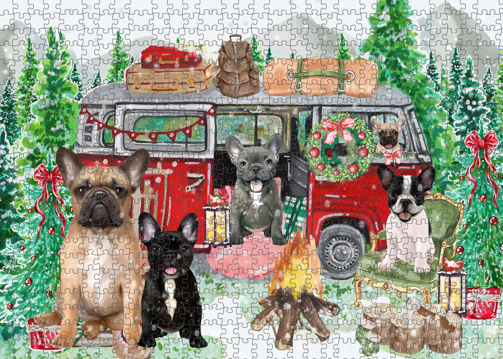 Christmas Time Camping with French Bulldogs Portrait Jigsaw Puzzle for Adults Animal Interlocking Puzzle Game Unique Gift for Dog Lover's with Metal Tin Box