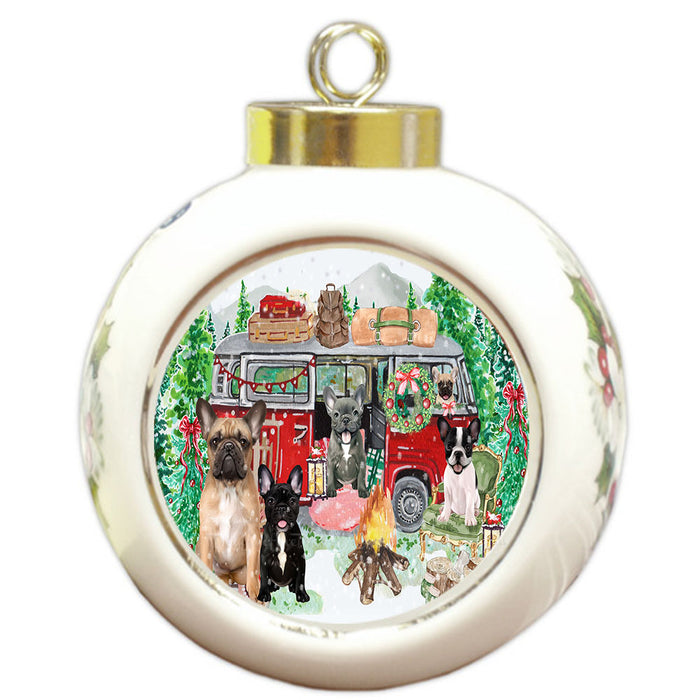 Christmas Time Camping with French Bulldogs Round Ball Christmas Ornament Pet Decorative Hanging Ornaments for Christmas X-mas Tree Decorations - 3" Round Ceramic Ornament