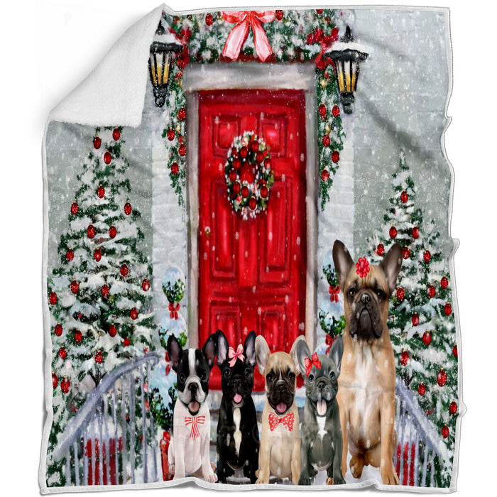 Christmas Holiday Welcome French Bulldogs Blanket - Lightweight Soft Cozy and Durable Bed Blanket - Animal Theme Fuzzy Blanket for Sofa Couch