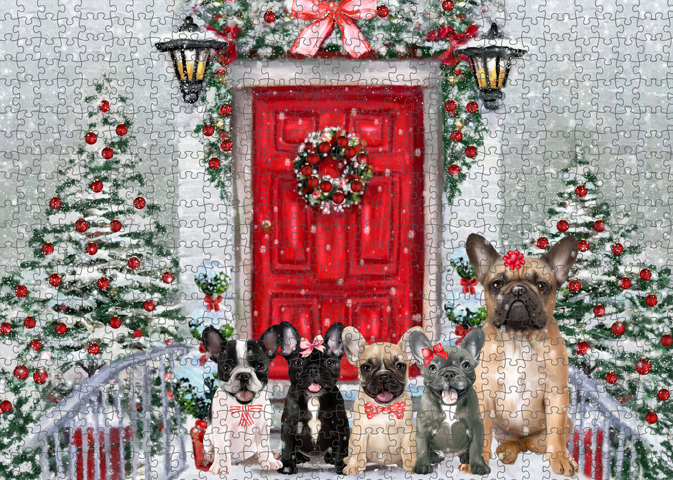 Christmas Holiday Welcome French Bulldogs Portrait Jigsaw Puzzle for Adults Animal Interlocking Puzzle Game Unique Gift for Dog Lover's with Metal Tin Box