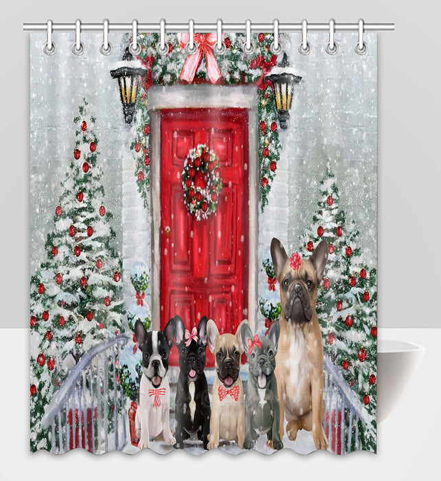 Christmas Holiday Welcome French Bulldogs Shower Curtain Pet Painting Bathtub Curtain Waterproof Polyester One-Side Printing Decor Bath Tub Curtain for Bathroom with Hooks
