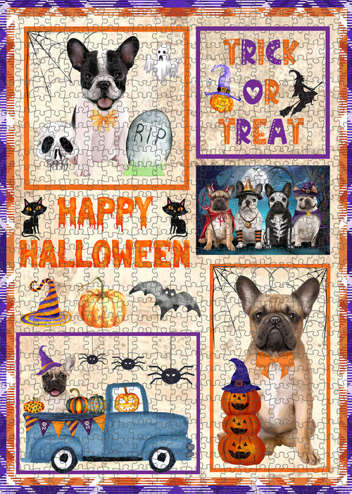 Happy Halloween Trick or Treat French Bulldogs Portrait Jigsaw Puzzle for Adults Animal Interlocking Puzzle Game Unique Gift for Dog Lover's with Metal Tin Box