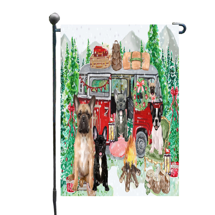 Christmas Time Camping with French Bulldogs Garden Flags- Outdoor Double Sided Garden Yard Porch Lawn Spring Decorative Vertical Home Flags 12 1/2"w x 18"h