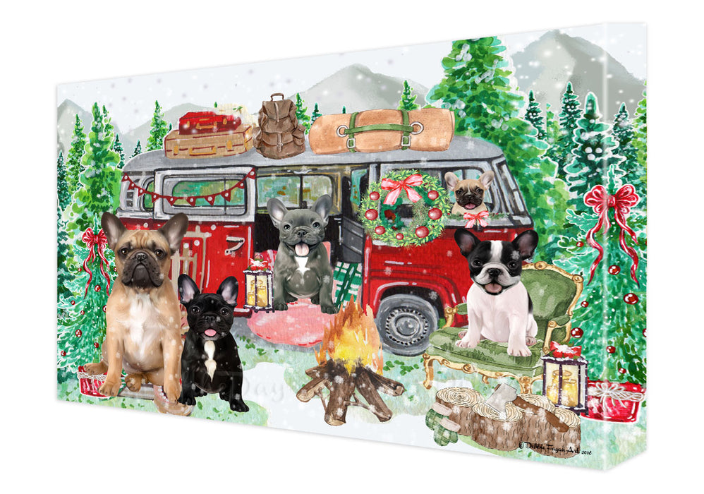 Christmas Time Camping with French Bulldogs Canvas Wall Art - Premium Quality Ready to Hang Room Decor Wall Art Canvas - Unique Animal Printed Digital Painting for Decoration