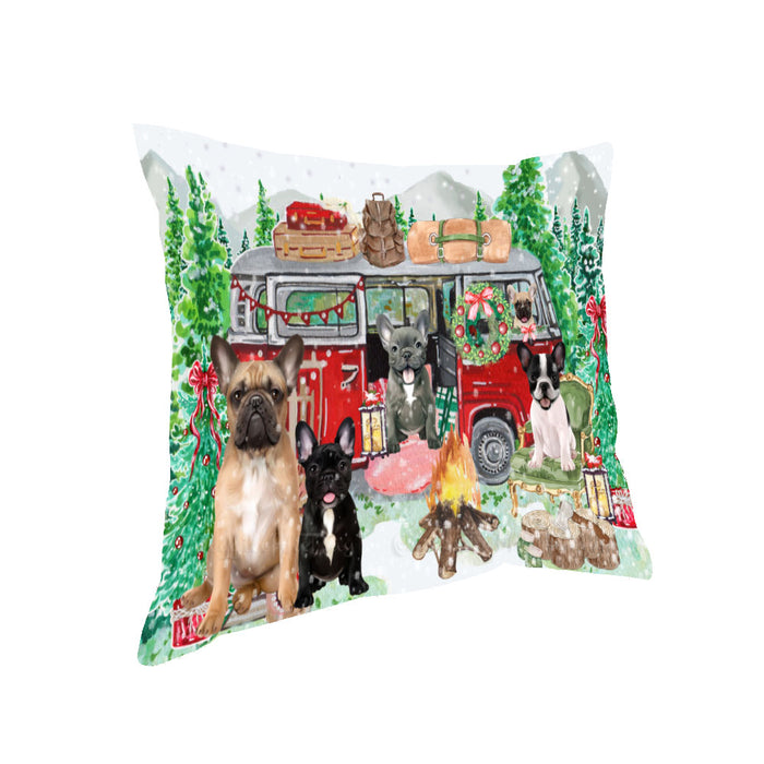 Christmas Time Camping with French Bulldogs Pillow with Top Quality High-Resolution Images - Ultra Soft Pet Pillows for Sleeping - Reversible & Comfort - Ideal Gift for Dog Lover - Cushion for Sofa Couch Bed - 100% Polyester