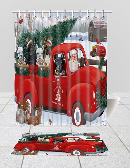 Christmas Santa Express Delivery Red Truck French BullDogs Bath Mat and Shower Curtain Combo