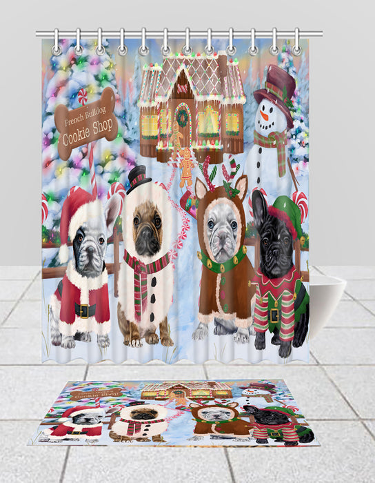 Holiday Gingerbread Cookie French BullDogs  Bath Mat and Shower Curtain Combo