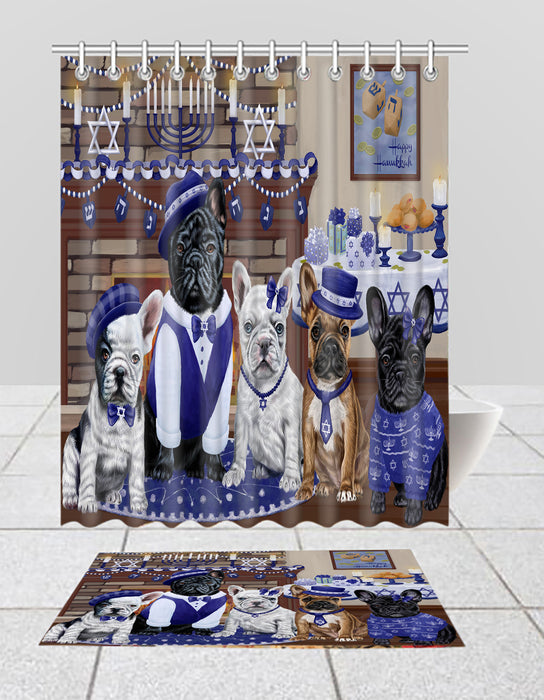 Happy Hanukkah Family French BullDogs Bath Mat and Shower Curtain Combo